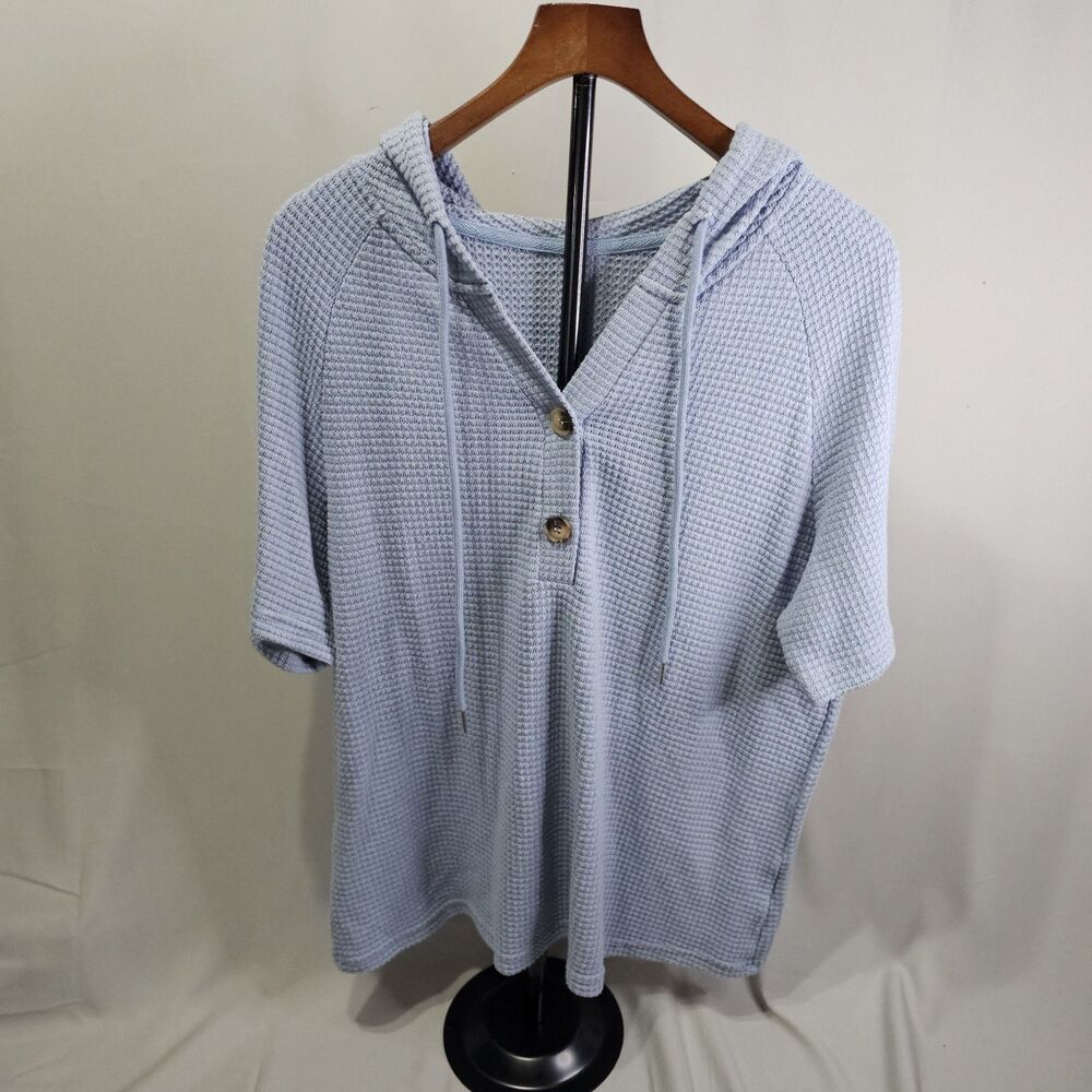 Shein Women's Henley Sz Large Top Blue Hoodie Pullover With Wood Buttons